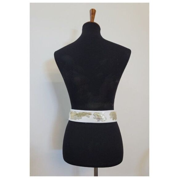 Vintage 1980's Carlos Falchi White and Gold Statement Wide Leather  Belt - Picture 4 of 6